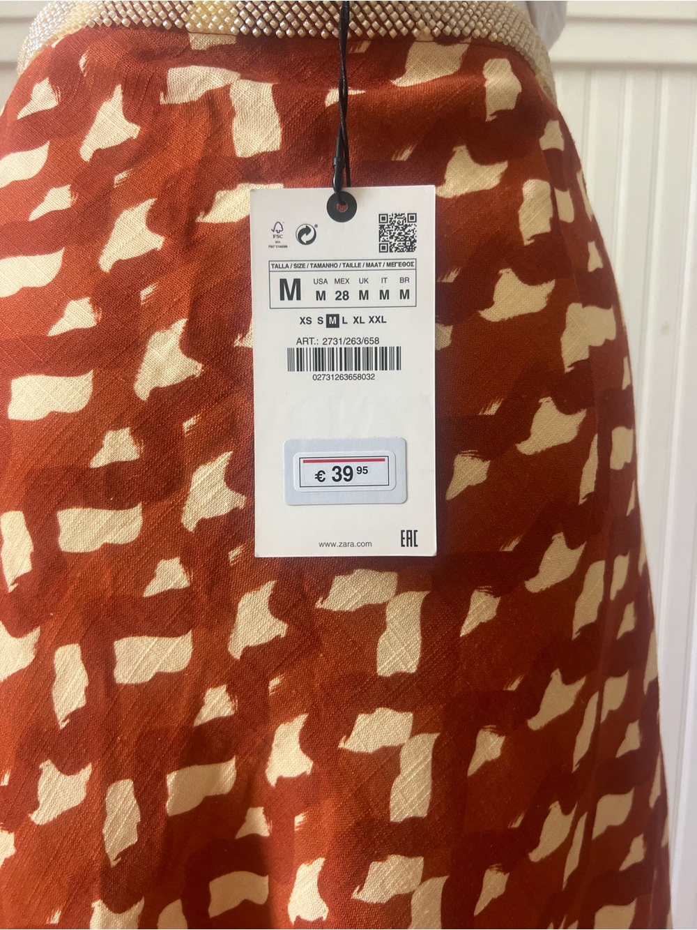 Zara Printed Maxi Skirt Beaded Waist Rust Cream A-Line NWT Women's Size Medium - Picture 6 of 6